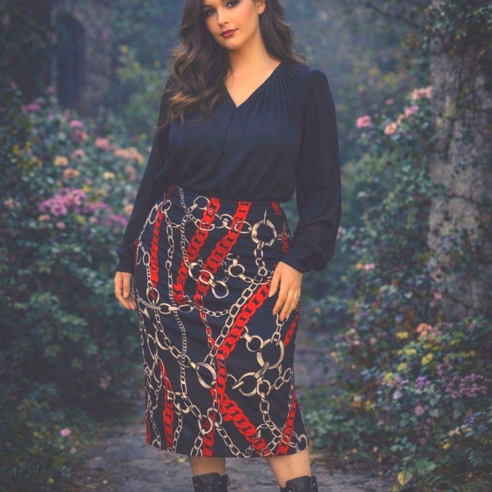 VTG Y2K Chain Print Midi Skirt Women Large Black Red whimsygoth Stretchy‎ USA